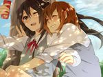  black_hair blush brown_eyes brown_hair cellphone hair_ornament hairclip happy hirasawa_yui k-on! nakano_azusa phone school_uniform twintails yuri 