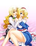  akumasatan alice_margatroid bad_id bad_pixiv_id blonde_hair blue_dress blue_eyes blush bow braid dress hair_bow hairband kirisame_marisa legs long_hair multiple_girls open_mouth sash short_hair side_braid touhou yellow_eyes yuri 