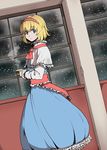  alice_margatroid blonde_hair blue_dress blue_eyes capelet colored_eyelashes cup dress dutch_angle eyelashes hairband highres looking_at_viewer sash short_hair snow solo touhou window yokohachi 