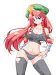  bandages bandaid beret black_legwear black_panties blue_eyes bow braid breasts cleavage ekus_(xo_ekus) eyebrows hair_bow hat highres hong_meiling large_breasts lingerie long_hair midriff navel panties red_hair solo sports_bra thighhighs torn_clothes touhou twin_braids underwear underwear_only 