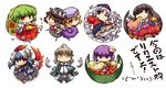  ;) ahoge arrow ascot back-to-back black_eyes black_hair blonde_hair blue_hair bow_(weapon) braid branch calligraphy_brush chibi flower green_hair grey_hair hair_flower hair_ornament hat head_wings hieda_no_akyuu houraisan_kaguya japanese_clothes jeweled_branch_of_hourai kazami_yuuka kimono long_hair long_skirt maribel_hearn morichika_rinnosuke multicolored_hair multiple_girls okome_(kome_kuma) one_eye_closed paintbrush parasol plaid plaid_skirt plaid_vest purple_eyes purple_hair red_eyes running_emoticon scroll short_hair silver_hair simple_background skirt skirt_set smile sunflower tokiko_(touhou) touhou translated two-tone_hair umbrella usami_renko vest weapon wings yagokoro_eirin yellow_eyes 