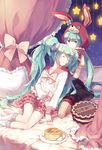  animal_ears animal_hood aqua_eyes aqua_hair bow bunny_ears bunny_hood cake curtains dual_persona food frilled_skirt frills gloves hands_on_shoulders hatsune_miku hood long_hair lots_of_laugh_(vocaloid) lying multiple_girls on_bed pancake pantyhose rella school_uniform serafuku sitting skirt star striped striped_legwear twintails vertical-striped_legwear vertical_stripes vocaloid 