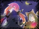  1girl alternate_costume alternate_hairstyle asymmetrical_hair bad_id bad_pixiv_id bat border costume cravat crescent_moon grey_hair halloween halloween_costume kazari_tayu lipstick long_hair makeup moon naruto naruto_(series) night night_sky outdoors pink_eyes ponytail red_hair sky tayuya trick_or_treat ukon_(naruto) vampire_costume 