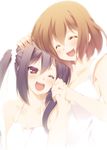  :d bare_shoulders black_hair brown_eyes brown_hair camisole closed_eyes halterneck hand_on_another's_head highres hirasawa_yui holding_hands hoppege k-on! long_hair multiple_girls nakano_azusa one_eye_closed open_mouth round_teeth smile teeth twintails 