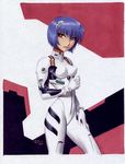  ayanami_rei bangs blue_hair bodysuit bracer breasts bruce_timm clenched_hand closed_mouth covered_nipples dated expressionless gloves hair_between_eyes hand_on_own_thigh headgear impossible_bodysuit impossible_clothes legs_apart lips lipstick looking_at_viewer makeup neon_genesis_evangelion pilot_suit plugsuit red_eyes red_lipstick signature simple_background skinny small_breasts solo standing traditional_media turtleneck white_bodysuit 