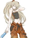  artist_request bare_shoulders blue_eyes bottle cleavage_reach crop_top flat_chest hair_ornament long_hair midriff neon_genesis_evangelion non-web_source plugsuit shirt silver_hair solo souryuu_asuka_langley tank_top tattoo tied_shirt undressing 