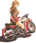  1girl blue_eyes brough_superior brown_hair charlotte_e_yeager gloves ground_vehicle helmet long_hair motor_vehicle motorcycle one_eye_closed solo strike_witches world_witches_series 