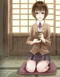  bad_id bad_pixiv_id banned_artist brown_eyes brown_hair cup cushion glasses looking_at_viewer open_mouth ore_no_imouto_ga_konna_ni_kawaii_wake_ga_nai paseri ribbon school_uniform seiza short_hair sitting skirt solo tamura_manami yunomi 