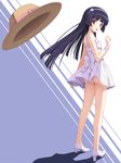  ass bare_legs bare_shoulders black_hair blush cygnus_(cygnus7) dress flower gokou_ruri hairband hat hat_removed headwear_removed highres legs long_hair looking_back md5_mismatch mole mole_under_eye no_panties no_socks open_mouth ore_no_imouto_ga_konna_ni_kawaii_wake_ga_nai red_eyes ribbon rose skirt solo sun_hat sundress white_flower white_rose 