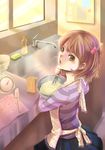  absurdres apron bad_id bad_pixiv_id batter beads blush brown_eyes brown_hair bulletin_board butter cookie cooking counter dress faucet food highres kitchen lace original ribbon sink skirt soap solo spatula sponge talking time-flies weighing_scale whisk window 