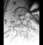  blood breasts bug butterfly error ghost greyscale hands hat insect japanese_clothes kimono large_breasts monochrome notebook oso_(toolate) pen photo pink_eyes saigyouji_yuyuko short_hair solo_focus spot_color touhou traditional_media 