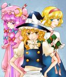  alice_margatroid bad_id bad_pixiv_id blonde_hair book colored_eyelashes colorized eyelashes hairband hands_on_hips hat kirisame_marisa long_hair long_sleeves multiple_girls patchouli_knowledge purple_hair rin-5-nir short_hair short_sleeves touhou witch_hat 