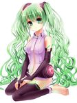  alternate_hairstyle bad_id bad_pixiv_id bare_shoulders barefoot bridal_gauntlets elbow_gloves eyebrows_visible_through_hair feet fingerless_gloves full_body gloves green_eyes green_hair green_nails hair_ornament hatsune_miku hatsune_miku_(append) head_tilt long_hair looking_at_viewer nail_polish necktie number shiramori_yuse simple_background sitting solo thighhighs twintails very_long_hair vocaloid vocaloid_append wariza wavy_hair 