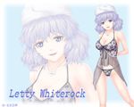  babydoll bare_shoulders black_panties blue_eyes breasts character_name cleavage hat jewelry large_breasts lavender_hair letty_whiterock lingerie navel nazal necklace negligee panties see-through short_hair solo touhou underwear underwear_only wallpaper zoom_layer 