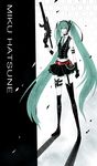  alternate_costume aqua_eyes armlet bad_id bad_pixiv_id bandages black_gloves black_legwear boots character_name flat_color gloves green_hair gun hairband hatsune_miku headphones highres holding holding_gun holding_weapon long_hair necktie senano-yu shadow solo thigh_boots thighhighs trigger_discipline twintails vocaloid weapon 