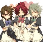  3boys atsuishi_shigeto brown_hair burn burn_(inazuma_eleven) grey_hair heat_(inazuma_eleven) inazuma_eleven inazuma_eleven_(series) looking_at_viewer maid male male_focus multiple_boys nagumo_haruya neppa_(inazuma_eleven) netsuha_natsuhiko red_hair short_hair simple_background trap white_background 