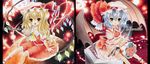  :o arm_support ascot ayuayu bad_id bad_pixiv_id bat_wings blonde_hair bouquet fangs flandre_scarlet flower glowing hat hat_ribbon highres holding knees long_hair marker_(medium) multiple_girls petals red_eyes red_flower red_rose remilia_scarlet ribbon rose rose_petals short_hair short_sleeves siblings side_ponytail sisters sitting socks stuffed_animal stuffed_toy teddy_bear touhou traditional_media wings 