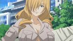  blonde_hair blue_eyes blush breasts hair_over_one_eye huge_breasts long_hair no_bra open_clothes oriana_thompson solo to_aru_majutsu_no_index wavy_hair 