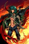  abs antennae breasts cape fire fusion glowing glowing_eyes green_eyes green_hair highres medium_breasts parody short_hair solo spawn touhou underboob wriggle_nightbug wy_lee_(pixelnoodle) 