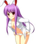  animal_ears ash_(pixiv) breasts bunny_ears cleavage dress_shirt long_hair medium_breasts no_bra no_pants open_clothes open_shirt panties panty_pull purple_hair red_eyes reisen_udongein_inaba shirt solo touhou underwear undressing very_long_hair 
