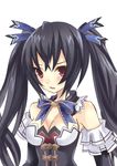  1girl black_hair blue_ribbon blush bow bow_tie bowtie breasts choujigen_game_neptune cleavage compile_heart detached_sleeves dress female gust idea_factory long_hair neptune_(series) nippon_ichi noire red_eyes ribbon sega solo twintails ykkk 