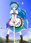  &gt;:) blue_hair blush boots cross-laced_footwear day food fruit hands_on_hilt hat hinanawi_tenshi lace-up_boots long_hair massala peach pigeon-toed red_eyes sky smile solo sword sword_of_hisou touhou v-shaped_eyebrows weapon 