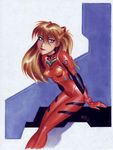  arm_support bangs blue_eyes bodysuit bracer breasts brown_hair bruce_timm closed_mouth covered_nipples dated gloves hair_between_eyes headgear leaning_forward legs_together light_smile lips lipstick long_hair makeup neon_genesis_evangelion number pilot_suit plugsuit red_lipstick shadow signature sitting skinny small_breasts smile solo souryuu_asuka_langley traditional_media two_side_up 