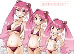  age_comparison bikini blue_eyes breasts brown_eyes cleavage flat_chest highres large_breasts mukku_(mook-tv) navel original pink_hair swimsuit translation_request twintails 