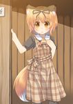  animal_ears bell brown_eyes brown_hair dress fox_ears fox_tail hair_ribbon jingle_bell komori-san orange_eyes orange_hair original pinafore_dress plaid ribbon short_hair solo staring tail tareme toba_hiyoko 