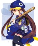  backpack bag baseball_bat blue_hat brown_eyes brown_hair disgaea hat heart highres jacket kazamatsuri_fuuka long_hair machimori makai_senki_disgaea_4 open_clothes open_jacket prinny school_uniform serafuku skirt solo thighhighs twintails 