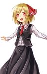  blonde_hair dabadhi fangs hair_ribbon highres necktie red_eyes red_neckwear ribbon rumia smile solo touhou 