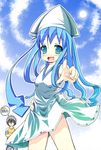  :d awa_(rosemarygarden) bad_id bad_pixiv_id blue_eyes blue_hair cloud crossed_arms day dress hand_on_hip ikamusume open_mouth pointing shinryaku!_ikamusume smile solo sun 