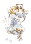  :d animal_ears blazer blush cat_ears cat_tail closed_eyes gime hirasawa_yui hug hug_from_behind jacket k-on! kneehighs multiple_girls nakano_azusa open_mouth pantyhose paw_pose round_teeth school_uniform shoes skirt smile tail teeth uwabaki 