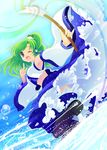  armpits bad_id bad_pixiv_id blue_eyes detached_sleeves frog gohei green_hair hair_ornament kochiya_sanae long_hair midriff natsukawa_sarasa one_eye_closed open_mouth solo touhou water 