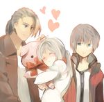  2boys bad_id bad_pixiv_id blonde_hair blue_eyes end_of_eternity grey_hair hug multiple_boys ponytail reanbell shiohi smile stuffed_animal stuffed_toy vashyron zephyr_(end_of_eternity) 