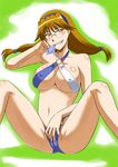  bikini breasts brown_eyes brown_hair cameltoe condom condom_in_mouth covered_nipples glasses large_breasts long_hair lyrical_nanoha mahou_shoujo_lyrical_nanoha_strikers mouth_hold naughty_face navel numbers_(nanoha) quattro_(nanoha) shiny shiny_skin sitting solo spread_legs swimsuit zerosu_(take_out) 