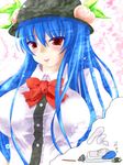  alternate_breast_size blue_hair breasts dreaming highres hinanawi_tenshi huge_breasts long_hair negamaro red_eyes solo touhou 