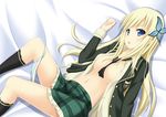  bed_sheet black_legwear blonde_hair blue_eyes boku_wa_tomodachi_ga_sukunai breasts hair_ornament kashiwazaki_sena kneehighs long_hair lying navel necktie no_bra no_panties on_back open_clothes open_mouth open_shirt panties school_uniform shake_(ferit3) shirt skirt small_breasts solo st._chronica_academy_uniform striped striped_panties underwear 