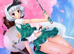  :o alternate_eye_color ao_banana bad_id bad_pixiv_id black_hairband blush cherry_blossoms dual_wielding dutch_angle ghost hairband highres holding katana konpaku_youmu konpaku_youmu_(ghost) legs midriff navel panties pantyshot petals purple_eyes sheath side-tie_panties silver_hair solo sword touhou tree underwear wallpaper weapon white_panties 