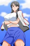  :&lt; black_hair breast_hold breasts brown_eyes crossed_arms frown fukiyose_seiri hokuto_(tokuho) huge_breasts jacket_on_shoulders long_hair solo to_aru_majutsu_no_index 