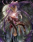  :o boots bow fujiwara_no_mokou gun hair_bow hair_ribbon highres jumping long_hair moon night pants purple_eyes purple_hair ribbon solo suspenders touhou weapon yuki_higashinakano 