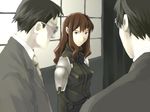  2boys belt boogiepop brown_eyes brown_hair kirima_nagi multiple_boys necktie nyam shoulder_pads sunglasses tuxedo uniform window 