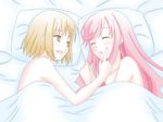  bad_id bad_pixiv_id bed brown_eyes brown_hair kanamemo kujiin_mika ma_tsukasa multiple_girls nakamachi_kana naked_sheet pillow pink_hair sleeping yuri 