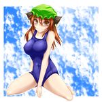  alternate_breast_size alternate_hair_length alternate_hairstyle animal_ears barefoot breasts brown_eyes brown_hair cat_ears chen covered_navel fang fang_out hat huge_breasts long_hair negamaro older one-piece_swimsuit school_swimsuit solo swimsuit touhou 