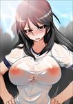  bad_id bad_pixiv_id black_hair blush breasts fukiyose_seiri hands_on_hips highres large_breasts long_hair nipples no_bra open_mouth red_eyes see-through solo to_aru_majutsu_no_index tony_man+ wet 