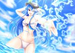  bikini blue_hair front-tie_top hand_on_headwear hat highres hinanawi_tenshi light_rays long_hair negamaro o-ring o-ring_bottom one_eye_closed open_mouth red_eyes smile solo submerged sunbeam sunlight swimsuit touhou 