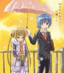  1girl ayasaki_hayate blonde_hair blue_eyes blue_hair butler coat gift green_eyes happy_birthday hayate_no_gotoku! long_hair niangao sanzen'in_nagi short_hair twintails umbrella winter_clothes 