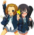  akiyama_mio bag bass_guitar black_eyes black_hair blush brown_eyes brown_hair drumsticks hairband holding_hands instrument k-on! long_hair multiple_girls one_eye_closed oyu_no_kaori pleated_skirt school_uniform skirt tainaka_ritsu transparent_background 