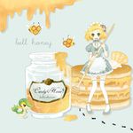  ant bel_(pokemon) bell_(pokemon) blonde_hair blush combee dress english female flower full_body green_eyes honey lolita_fashion maid maid_headdress open_mouth pancake pancakes pixiv_thumbnail pokemon pokemon_(game) pokemon_black_and_white pokemon_bw resized short_hair snivy solo thighhighs tsutaaja 