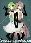  bad_id bad_pixiv_id blush dress elbow_gloves garter_belt gloves green_hair gumi happy_synthesizer_(vocaloid) headphones himehi long_hair megurine_luka multiple_girls pantyhose standing thighhighs very_long_hair vocaloid 